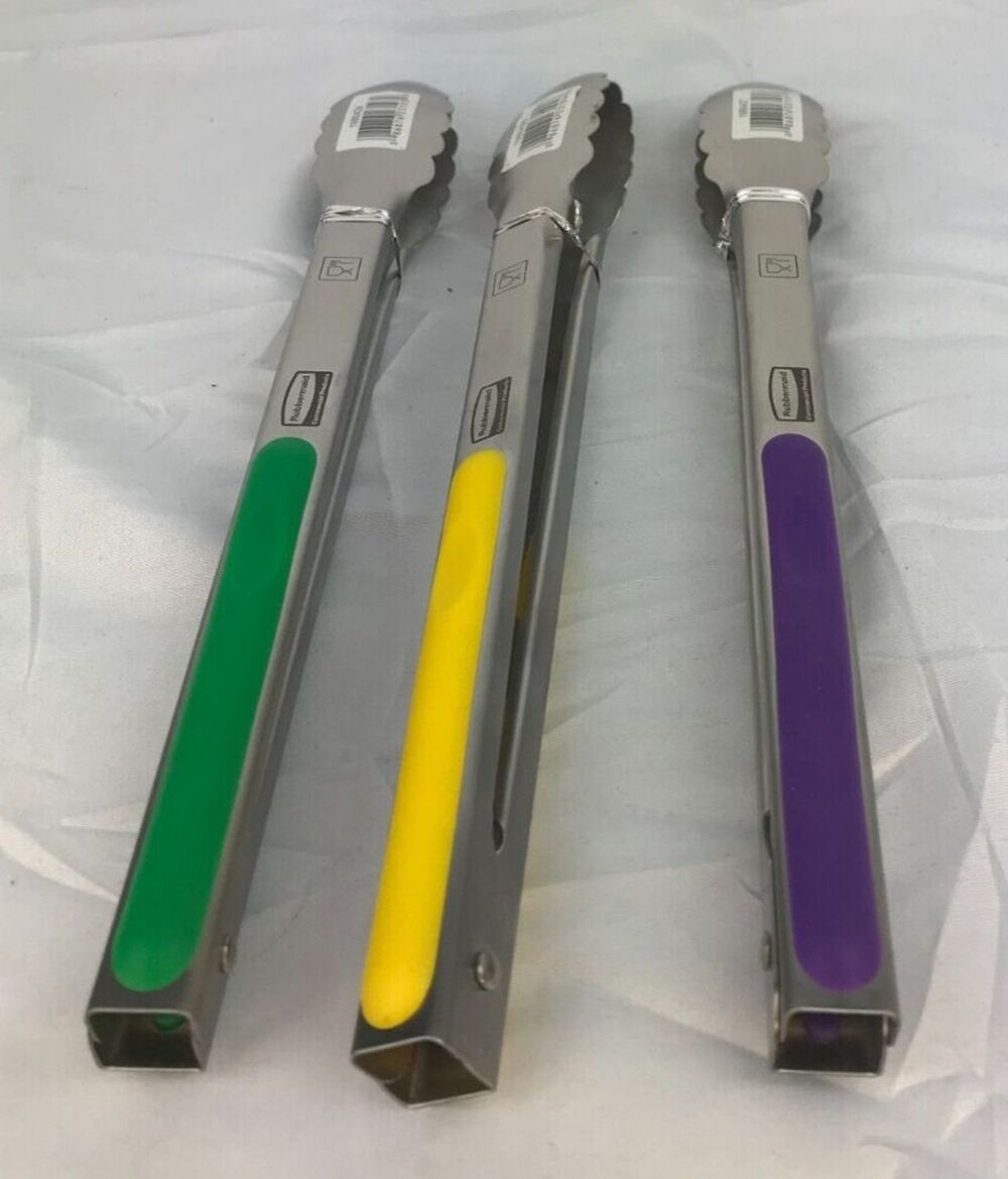 3 Rubbermaid 1980427 Color Coded 12" Heavy Duty Stainless Steel Utility Tongs
